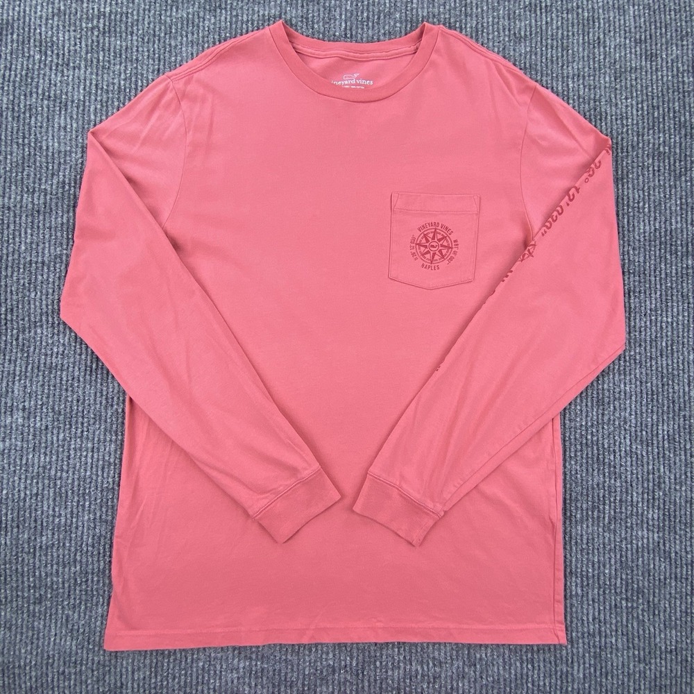 Vineyard Vines Long Sleeve Pocket T-Shirt Mens Medium Pink Naples Compass Preppy